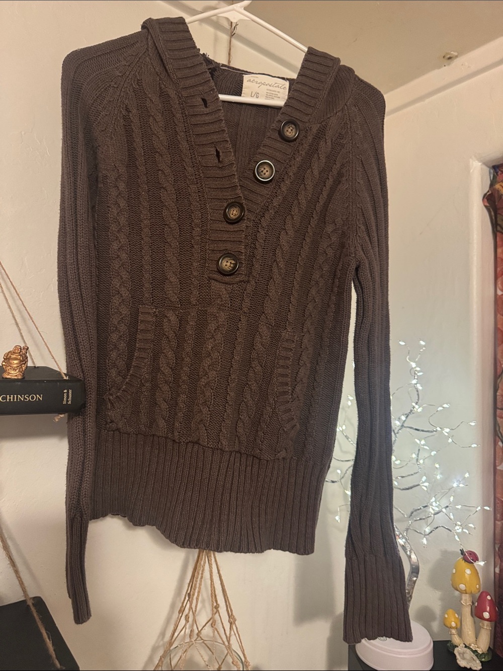 Y2K Aeropostale Chocolate Brown Cable Knit V-Neck Button Sweater